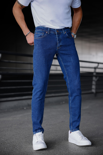 Ser Joven Men's Navy Blue Laser Slim Fit Lycra Jean Trousers