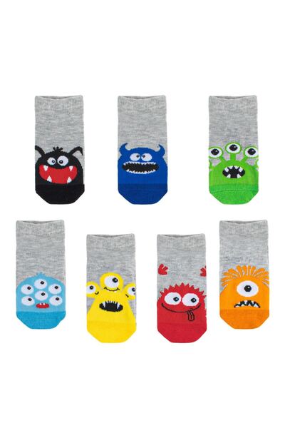 OEM Grey Short Socks Days of the Week Colorful Monsters - 7 pairs 27-30