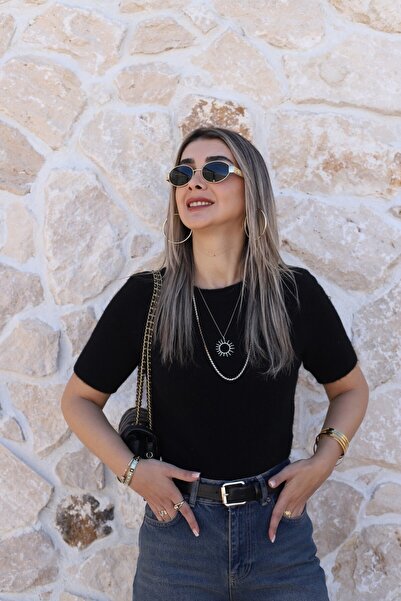 bytugcekaya Black Standard Size Soft-Textured Short Sleeve Sweater