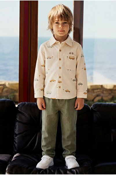 Magu Boy's Cotton Piece Beige Car Patterned Shirt and Pants Set - Pocketed Bu...