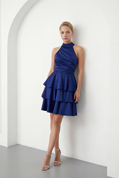 Lafaba Women's Navy Blue Halter Neck Satin Mini Homecoming Evening Dress