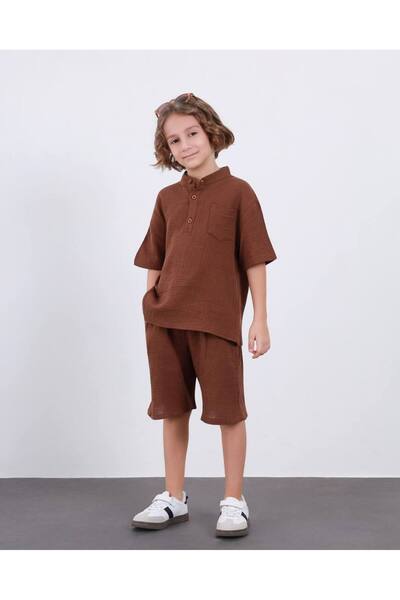 Jolly Kids Boy's Muslin Fabric Khaki Collar Summer Suit