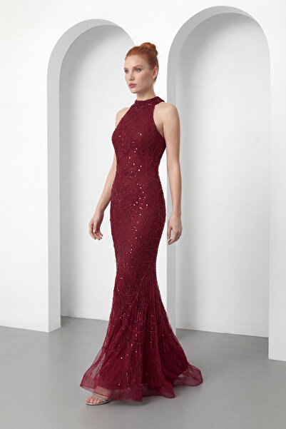 Lafaba Women's Burgundy Slim Fit Halter Neck Stone Long Fish Evening Dress