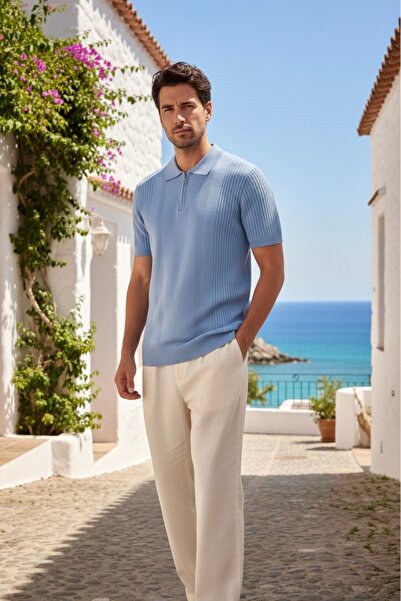 Maccali Men's Trend Mercerized Blue Polo Zipper T-Shirt