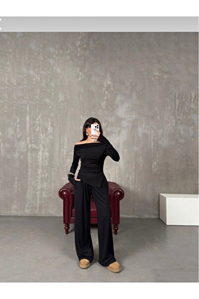 SLAW REZZ Women's Draped Asymmetrical Cut Suit Blouse Trousers Modal Set