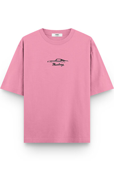 Overoz تي شيرت كلاسيكي للسيارات فورد موستانج مطبوع شبه كبير الحجم باللون الور...