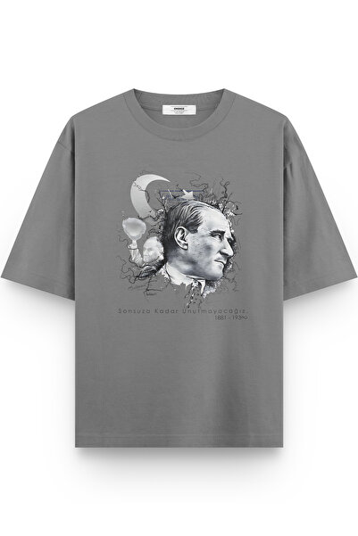 Overoz Ataturk Printed Half Oversized Gray T-Shirt 1236