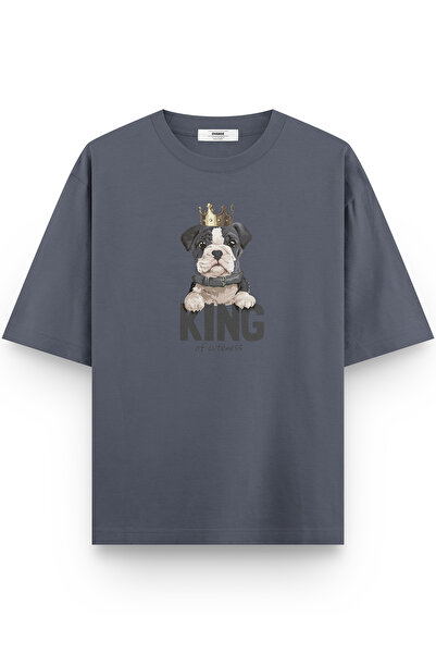 Overoz King Köpek Printed Yarı Oversized Füme T-Shirt 1033