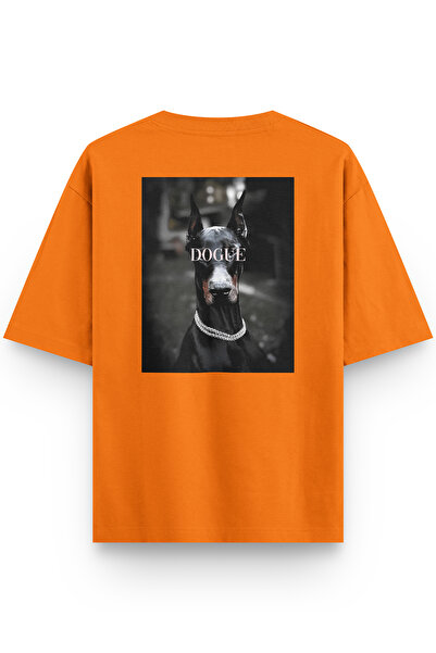 Overoz Doberman Dogue Dog Back Printed Half Oversized Orange T-Shirt 1235