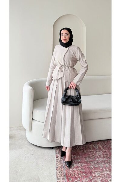 RFK Butik Women's Zara Kupra Seyyar Belt Piece Striped Skirt Set - Beige