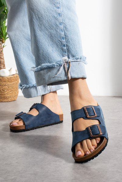 FootFrenzy Milano Double Tape Buckled Slipper |   Comfortable Sole Casual Summer Shoes Sandals - Slipper