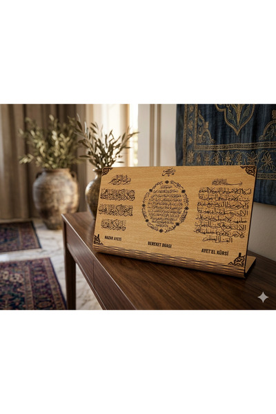 Simidil Design 30x15 cm Ahşap Masaüstü Dua Standı - 3’lü Manevi Koruma Seti (...