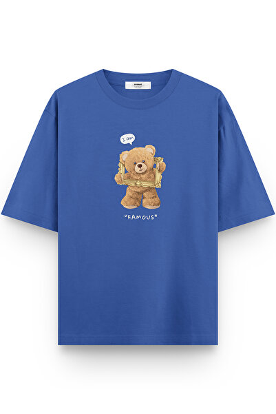Overoz تي شيرت تيدي بير I'm Famous مطبوع باللون الأزرق مقاس كبير جدًا 1140