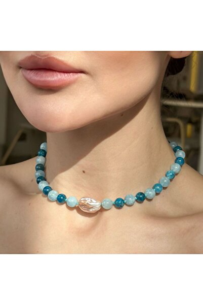 cicekartstudio Baroque Pearl Choker Apatite-Aquamarine Natural Stone