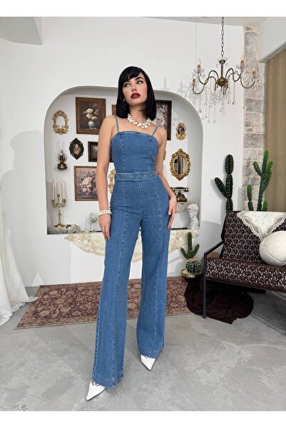 Miss Beyoğlu Women's Slupe Belt Detail Jumpsuit