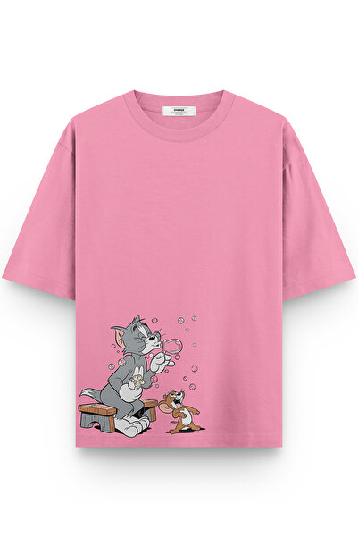 Overoz Cat Printed Half Oversized Pink Tshirt 1379