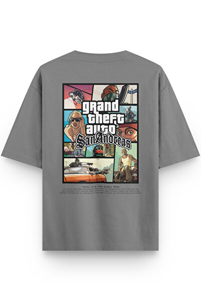 Overoz Gta San Andreas Back Printed Half Oversized Gray T-Shirt 1364