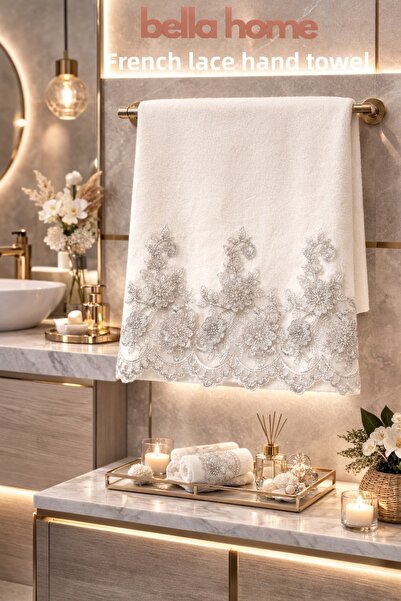 Bella Home Velvet French Lace Piece Hand Towels |   50X90 cm |   2 Pieces |  ...