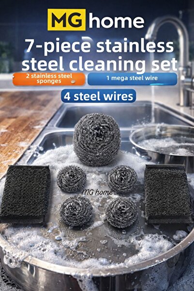 VENON 7 قطع من سلسلة إينوكس ❤️   مجموعة إسفنجة وسلك غسيل الأطباق المصنوعة من ...