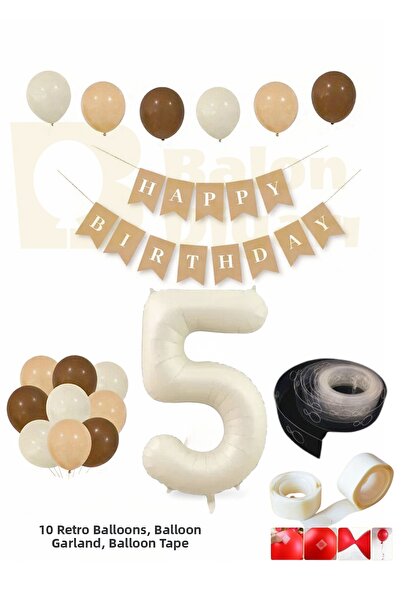 BALON DİYARI 5 Year Old Retro Birthday Set; Cream Number Foil, Banner, Tape C...