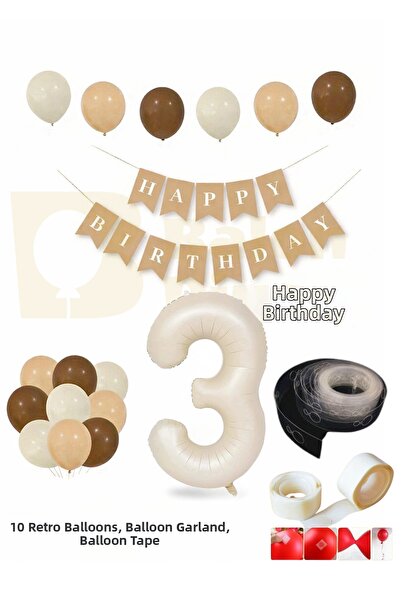 BALON DİYARI 3 Year Old Retro Birthday Set; Cream Number Foil, Banner, High-Q...