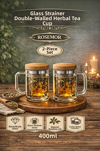 Rosemor 2-Piece Borosilicate Double Layer Herbal Tea Cup 400ml Glass Mug with...