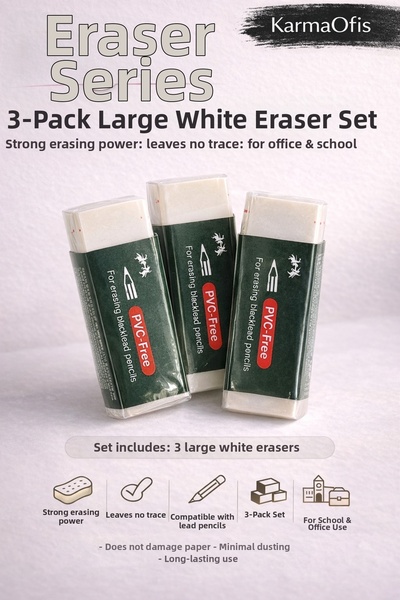 KarmaOfis مجموعة ممحاة بيضاء كبيرة الحجم مكونة من 3 قطع - مسح قوي، لا يترك أث...