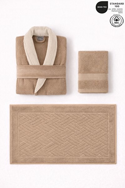 Ellaline Set de halate de baie bej contrastant, 3 piese, 100% bumbac cu dungi...