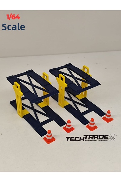 Tech Trade 1/64 Scale Diorama 2 Vehicle Lift 2 Units Yellow-Navy Blue + 4 Pontoons