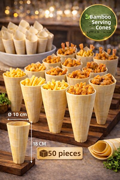 TOYFEST 50-Pack Large Bamboo Presentation Cones 18X10 cm Natural Presentation...