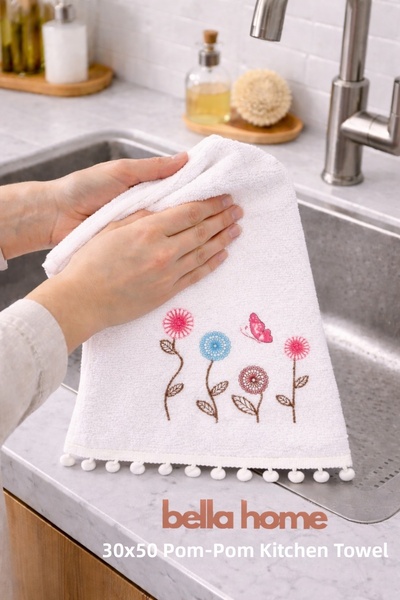 Bella Home Pompom Kitchen Towel |   30X50 cm |   100% Cotton |   Set of 6 |  ...