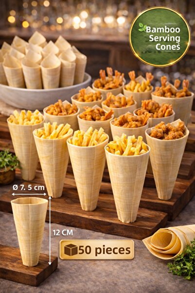 TOYFEST 50-Pack Medium Bamboo Presentation Cones 12.5X7 cm Natural Presentati...