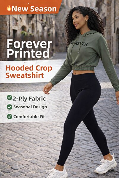 DeChival Printed Hooded Cropped Sweatshirt Women's 2 Thread P Cotton Blend El...