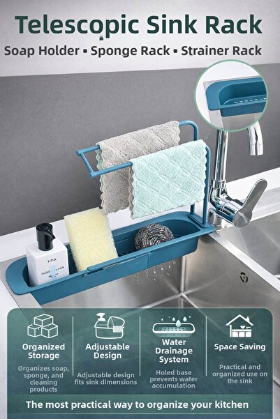 Anadolu Saray رف تلسكوبي قابل للتعديل لحمل الإسفنج وحامل الصابون، منظم للمطبخ...
