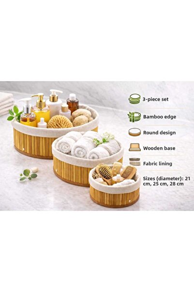 ASG 3-Piece Bamboo Basket Round Design Wooden Base with Cloth Covering (Diame...