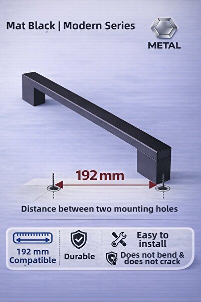 ABERTİCARET Kale Matte Black 192 mm Kitchen Vestibule Cabinet Drawer Handle (...