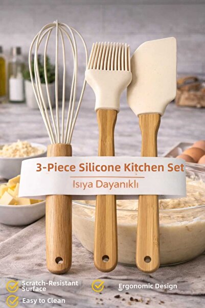 bahe home Bamboo Strappy Silicone Kitchen Utensil Set 3-Piece Spatula Whisk B...