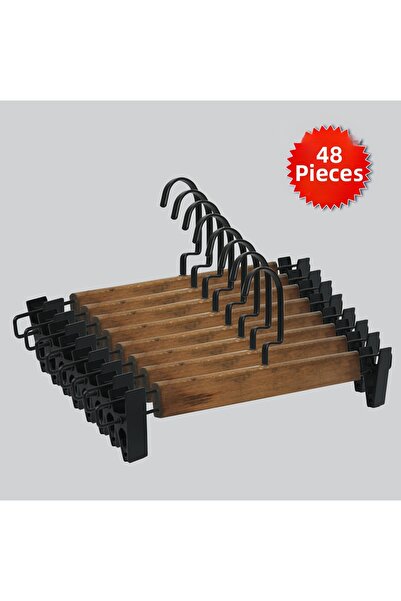 NYN Wooden (Black Hook Lama) Skirt and Trouser Hangers with Latches, 48 Pieces