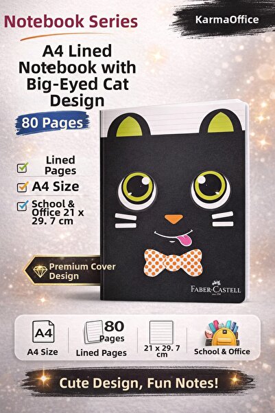 Faber Castell Cat Patterned A4 Striped Notebook 80 Sheets 1 Piece – Black Big...