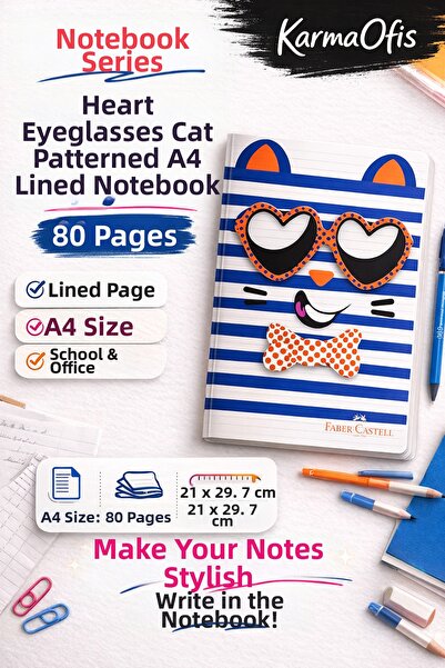 Faber Castell Cat Patterned A4 Striped Notebook 80 Sheets Set of 4–Heart-Eyed...