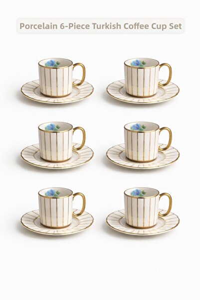 Meturas Gold Detailed 6-Piece Porcelain Coffee Cup Set - Gold Handle & Rim, S...