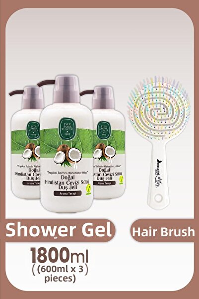 Eyüp Sabri Tuncer Coconut Shower Gel 600 ml X 3 Pcs and Hair Brush