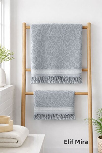 Elif Mira 2-Piece Bath and Hand Towel Set Fringed Embossed Patterned 100% Cot...