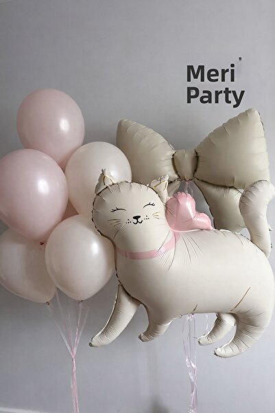 MERİ PARTİ Cute Cat Foil Balloon Set – Pink Bow Theme Birthday Party Decorati...