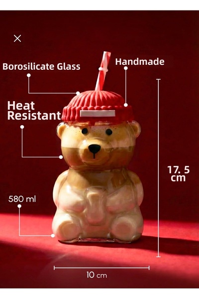MİMOZA PARK Teddy Bear Barista Star Glass Cold Drink Cup a Teddy Bear Print C...