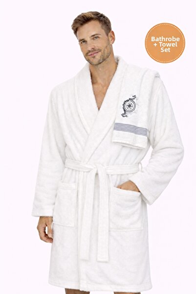 PİAURA Men's Cream Cotton Piece Towel and Bathrobe Set Shawl Collar Soft-Text...