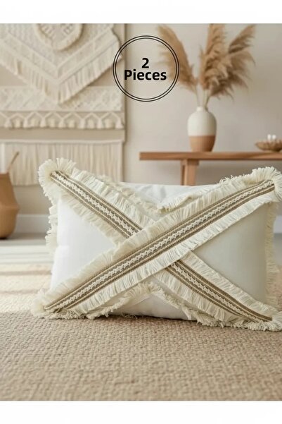 NDC HOME Cross Multiple Tassels Linen Cream Throw Pillow Cushion Cover (35 x 55)
