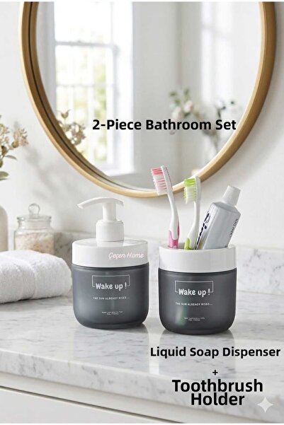 ÇEÇEN HOME طقم حمام مكون من قطعتين، موزع صابون سائل زجاجي + طقم حامل فرشاة أس...