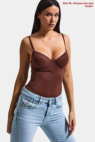 it's basic قميص نسائي بني w5 بتصميم يبرز انحناءات الجسم دانتيل مع أزرار كبس و...