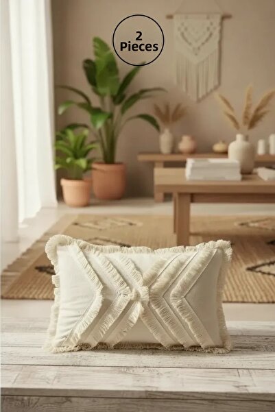NDC HOME Cream Linen Throw Pillow with Multiple Tassels Cushion Cover (35 x 55)